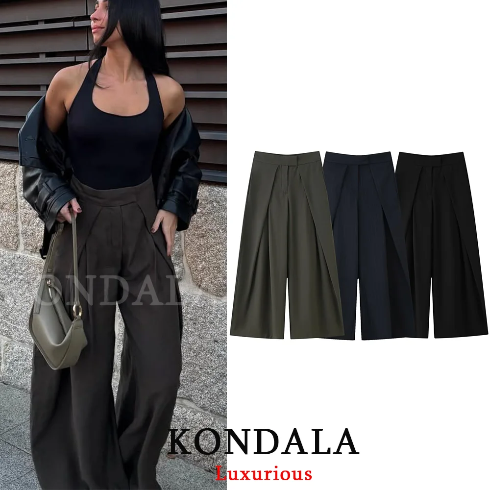 KONDALA Casual Chic Pantaloni a gamba larga Donna Office Lady Tasche Pantaloni lunghi a pieghe Moda 2026 Primavera Estate Pantaloni streetwear