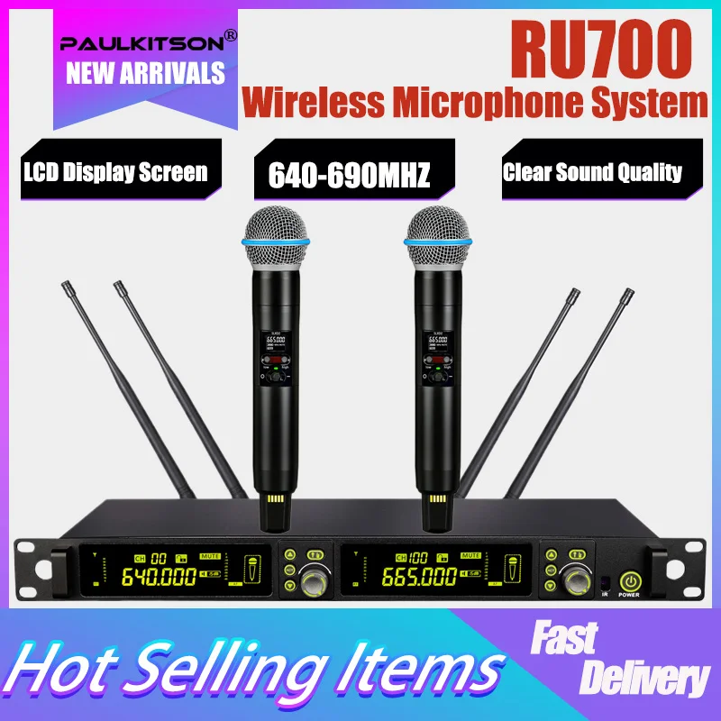 Paulkitson Professionelles drahtloses Mikrofon RU700 Radiosystem 2-Kanal-Mikrofon Headset-Mikrofon Lavalier-Mikrofon für die Bühne Image