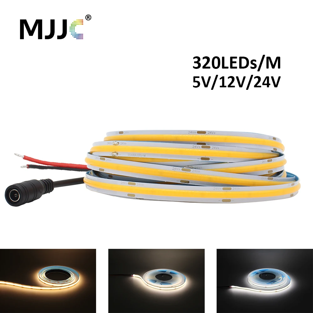 COB-LED-Streifen, 12 V, DC 5 V, 24 V, 320 LEDs, 5 m, FCOB-LED-Licht, dimmbar, RA90, 8 mm, lineare Lampe, hohe Dichte, flexibel, warm, natürlich, kühles Weiß