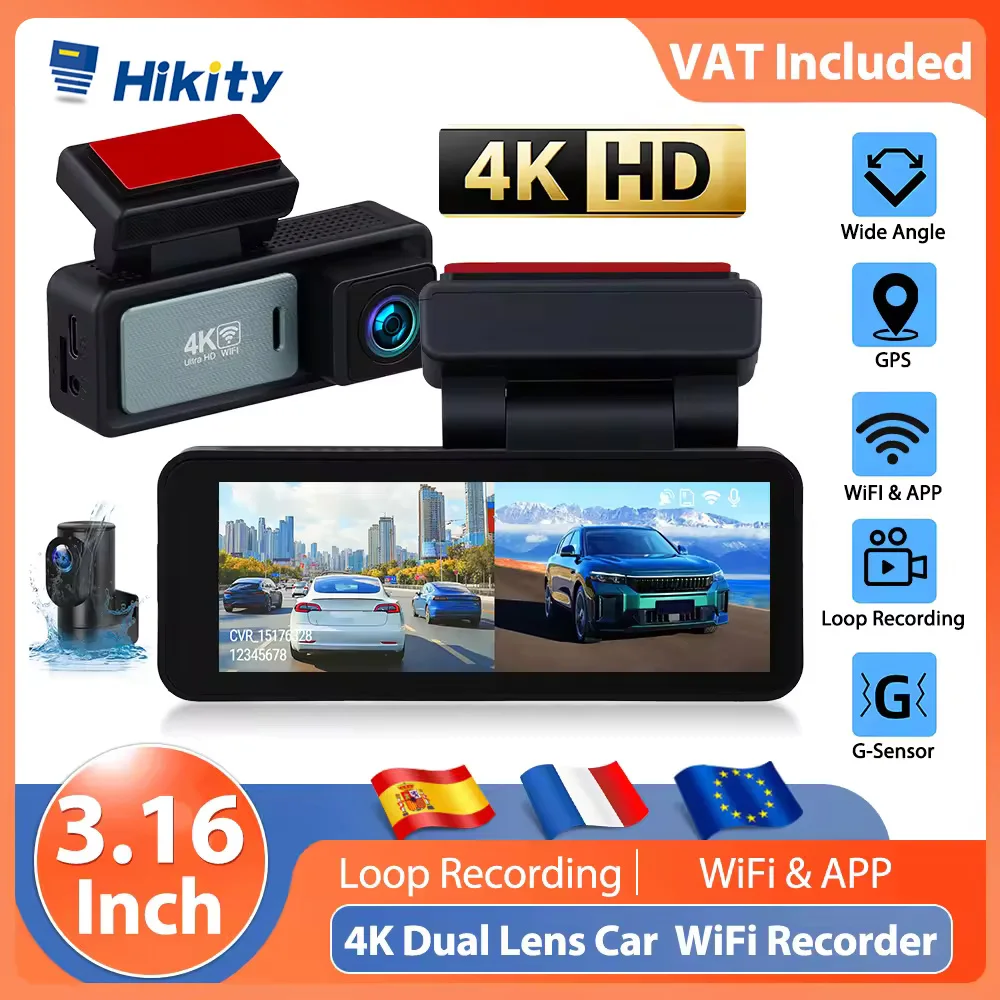 Caméra embarquée Hikity 3,16 pouces, enregistreur vidéo DVR pour voiture, caméra de recul, double objectif HD, enregistrement cyclique, enregistreur vidéo miroir