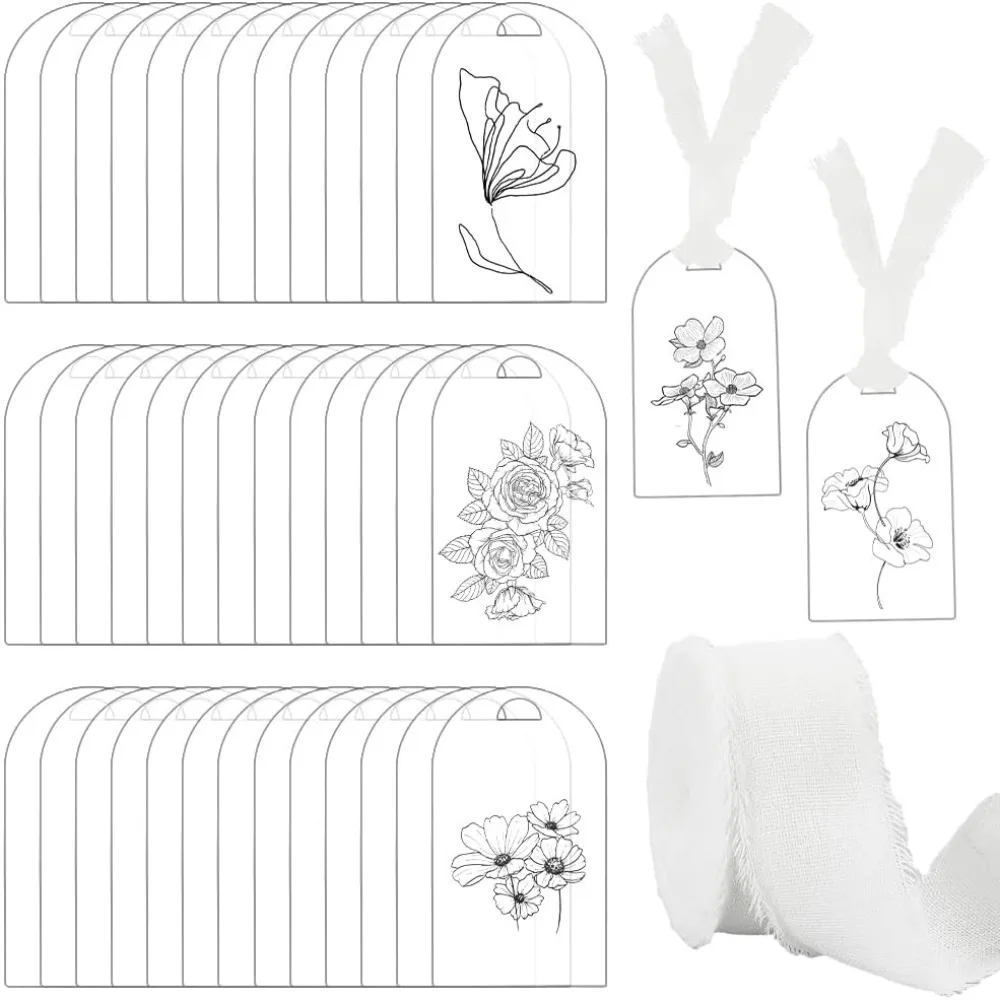 20 Stück transparente Acryl-Tischkarten mit Band zum Selbermachen, transparentes, leeres Acryl-Hängeschild, Namen, Kartenetiketten für Hochzeitsstuhl, Name Image