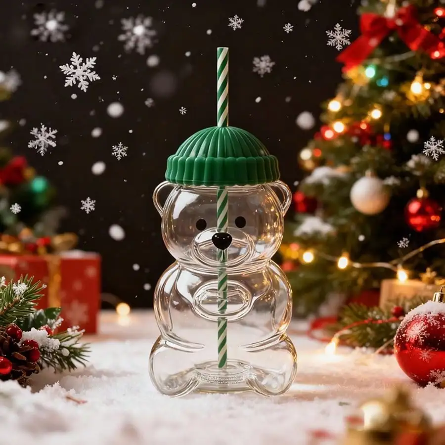 1 Stück Neuer süßer kleiner Bären-Plastikbecher mit Deckel und Strohhalm, Teddybär-Kaltgetränkebecher, geeignet für Kaffee, Cola und Milch. Image