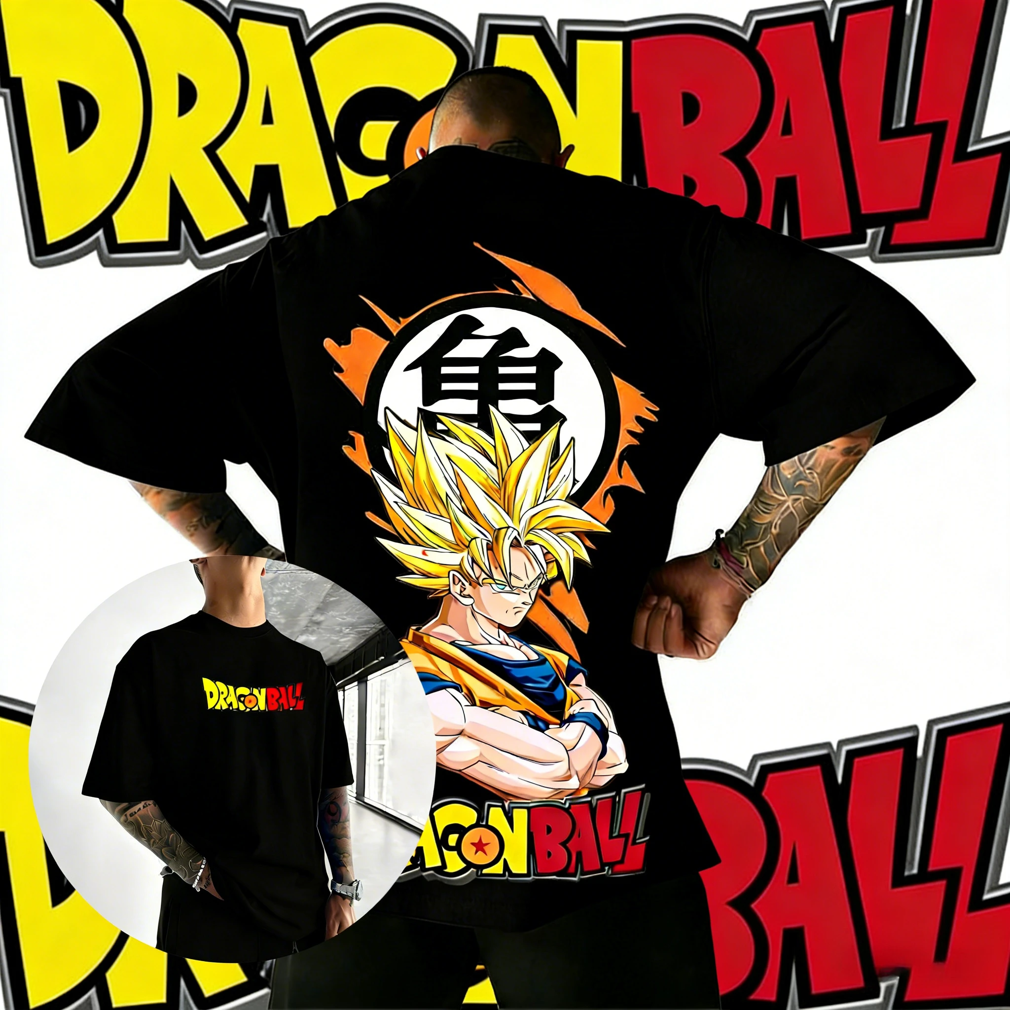 2026 Sommer Dragon Ball Oversized T-Shirt aus hochwertiger Baumwolle mit Super Saiyan Goku Kame Symbol Grafikdruck für Erwachsene & Kinder im Partnerlook Image