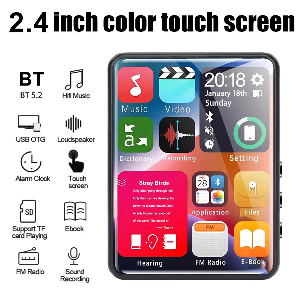 2,4-Zoll-Touchscreen-MP3-Player Eingebauter 4 GB Bluetooth-MP4-Player Speichererweiterung, Audioaufnahme, FM-Radio, Videowiedergabe. Image