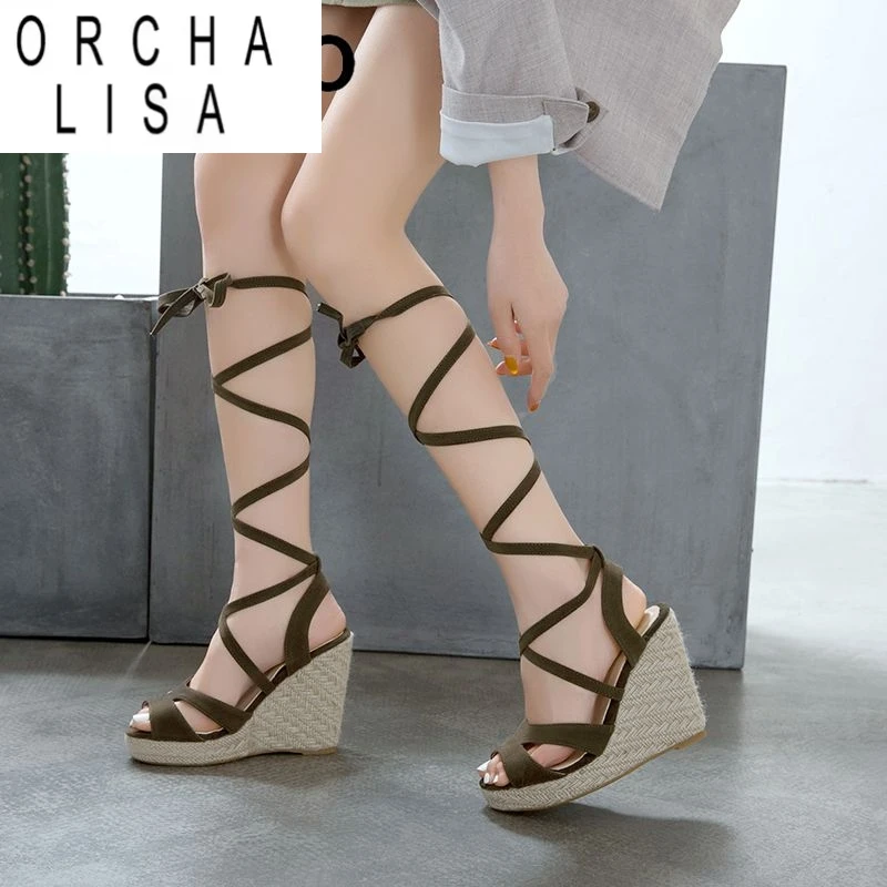 ORCHA LISA 2025 Mode Neue Design Frauen Sandalen Flock Wildleder Keile 11 cm Plattform 2,5 cm Lace Up Plus Größe 44 45 46 Dating Schuhe