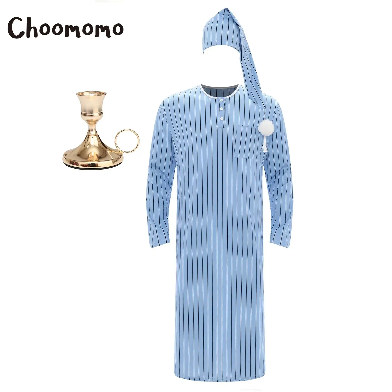 Hommes doux vêtements de nuit amples Robe à manches longues rayé sommeil chemise de nuit chemises de nuit avec chapeau chandelier fête de noël pyjama ensemble
