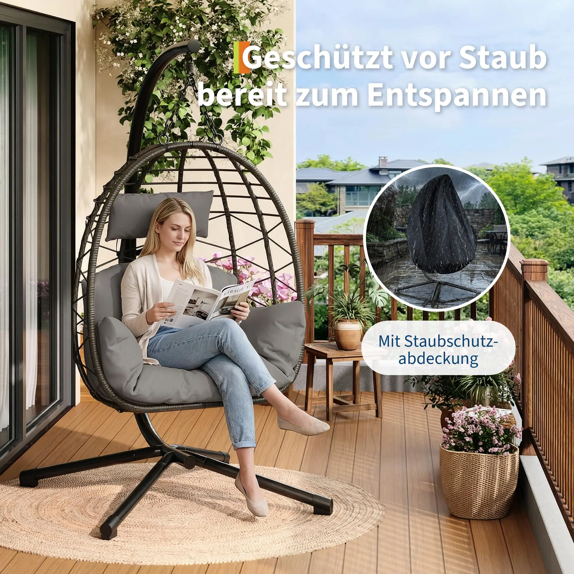 Hängesessel für den Außenbereich mit Gestell, Rattan-Hängesessel mit Kissen und Abdeckung, 150 kg Tragkraft, Terrassenschaukelstuhl für Haus und Garten