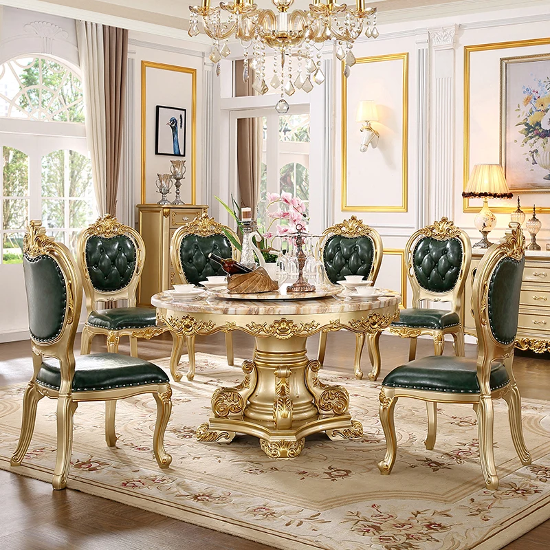 Europäische runde Esstisch- und Stuhlkombination, Stuhlvilla, runder Esstisch und Stühle für 6 Personen, Gold