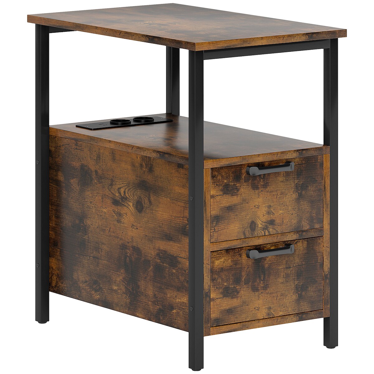 MODFU Beistelltisch 55x35x59 cm mit Aufladestation 2 Steckdosen USB und Type C 2 Schubladen Regal Braun, Metallrahmen, kompakt Image