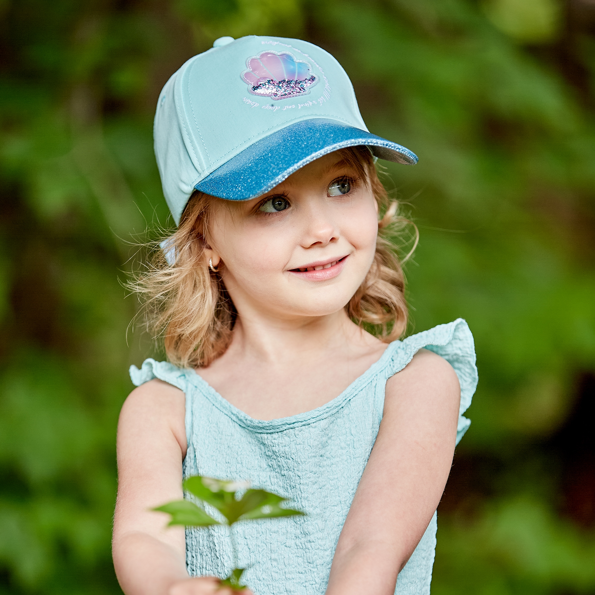 Baseball Cap MAXIMO, Mädchen, Gr. 51/53, helltürkis, Canvas, Baumwolle, Caps, interaktives Muschel-Patch, mit Glitzer, Baumwolle