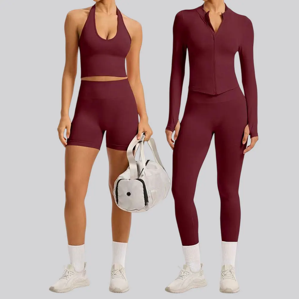 Ensemble de Yoga pour femmes, 2/3 pièces, combinaisons de sport à manches longues, soutien-gorge de Fitness, haut court, vêtements d'entraînement, solide, sans couture, Legging, vêtements de sport