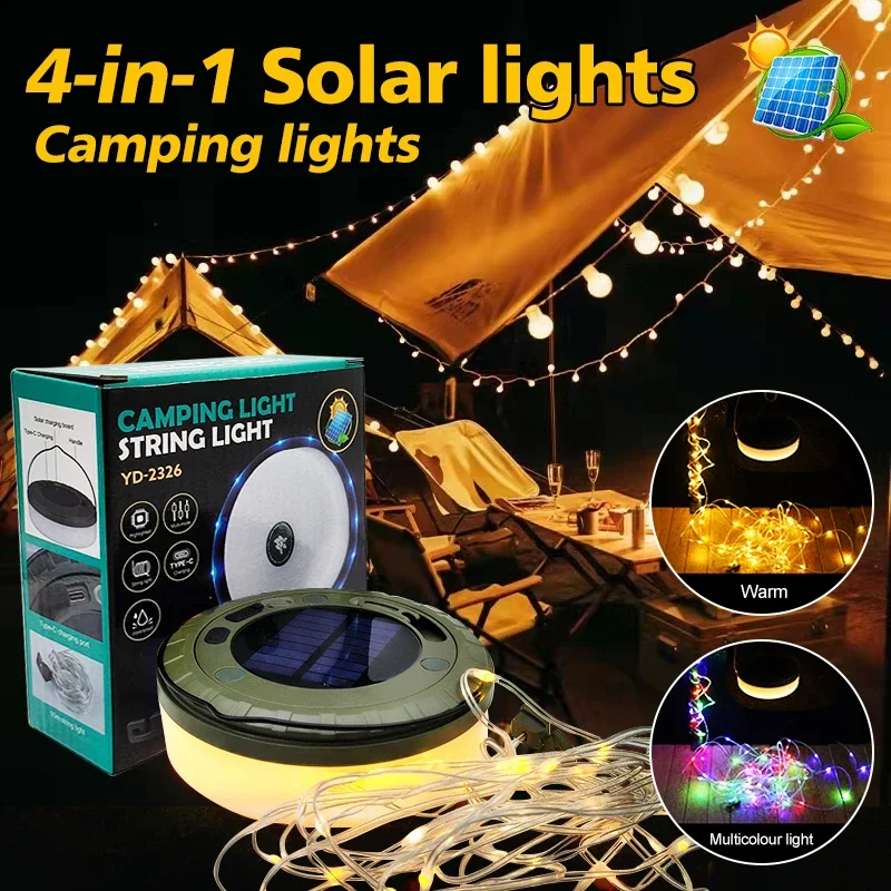 Lampes solaires d'extérieur, lumière de camping, guirlande lumineuse de 10 mètres, lumière de tente d'extérieur, lumière d'ambiance RGB, lampe de poche LED avec crochet ﻿
