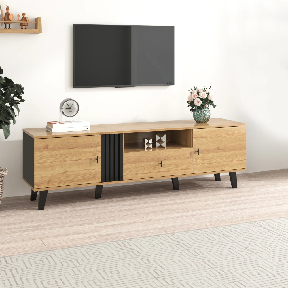 Meuble TV élégant 170 cm, meuble bas en bois et noir avec tiroirs, rangement polyvalent, meuble TV moderne, pièce maîtresse du salon