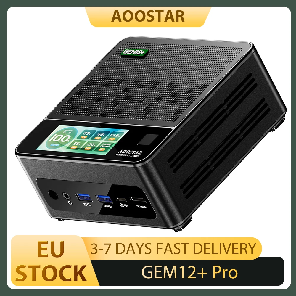 Mini PC Barebone AOOSTAR GEM12+ Pro avec écran, sans RAM ni SSD, déverrouillage par empreinte digitale, AMD Ryzen 7 Pro 8845HS 8 cœurs Max 5.1GHz