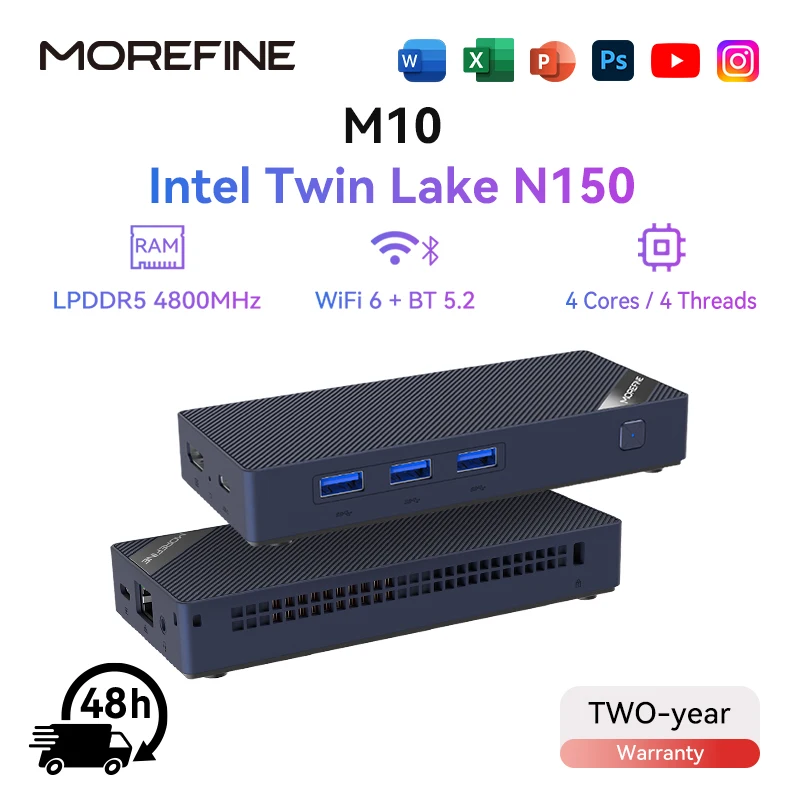 MOREFINE M10 Mini PC AlderLake N150 Portable Computer LPDDR5 12GB 512GB Windows11PRO SATA SSD 1000M Pocket Pc Gaming Computer