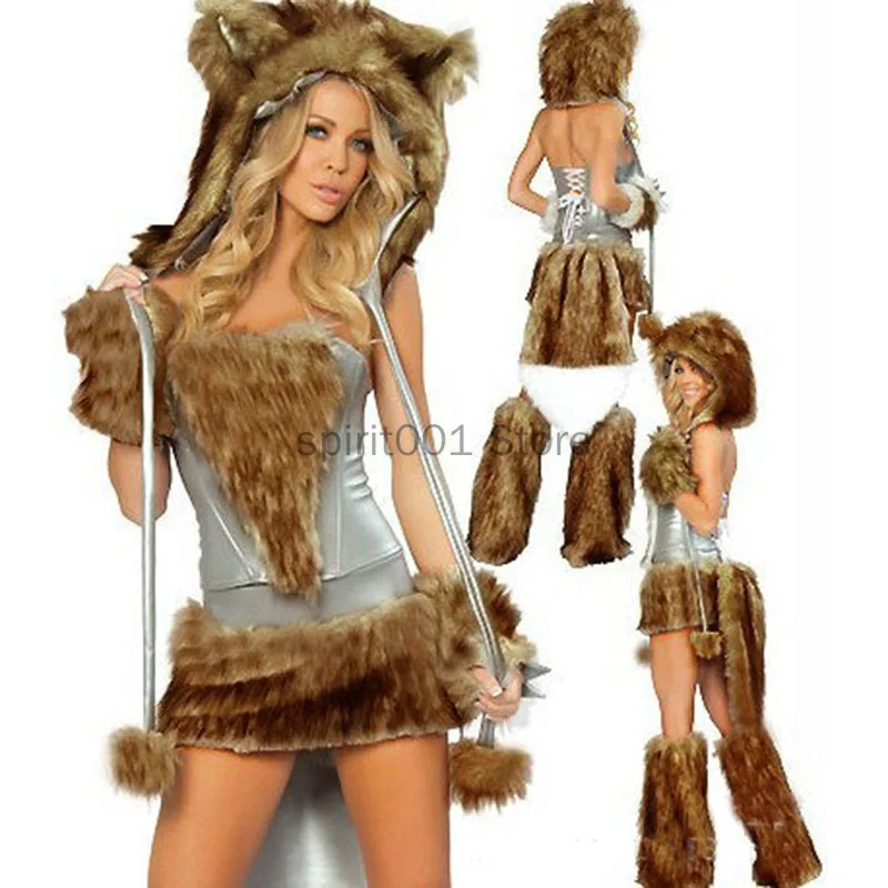 Neue Sexy Pelzigen Wolf Mädchen Kostüm Wolf Frauen Kostüme Halloween Pelzigen Kostüme Für frauen Tier Kostüm Cosplay Weihnachten Kostüm Image