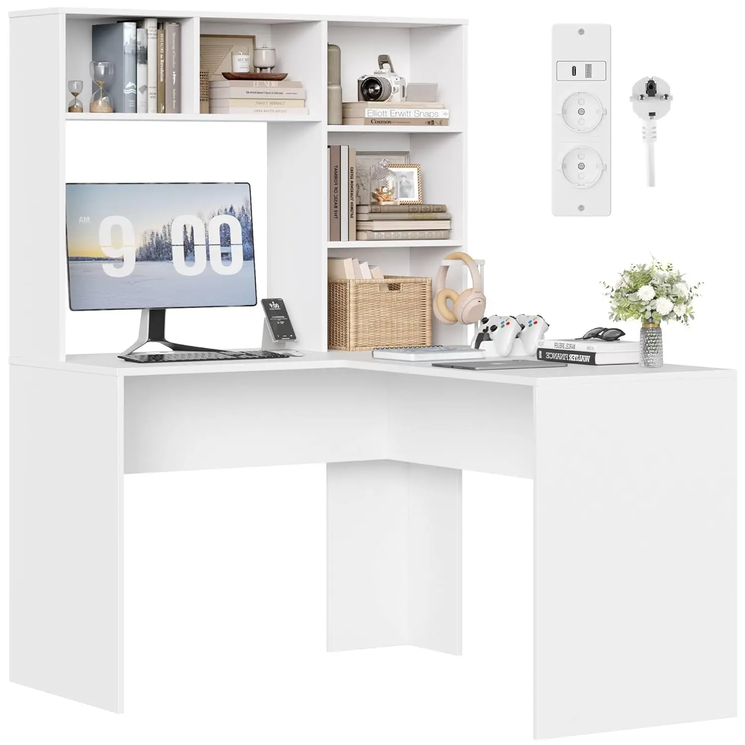 Ecke mit Steckdosenleiste, L-förmiger Computertisch mit Bücherregal, PC-Laptop-Tisch für Büro, Arbeitszimmer, Wohnzimmer, Zuhause O Image