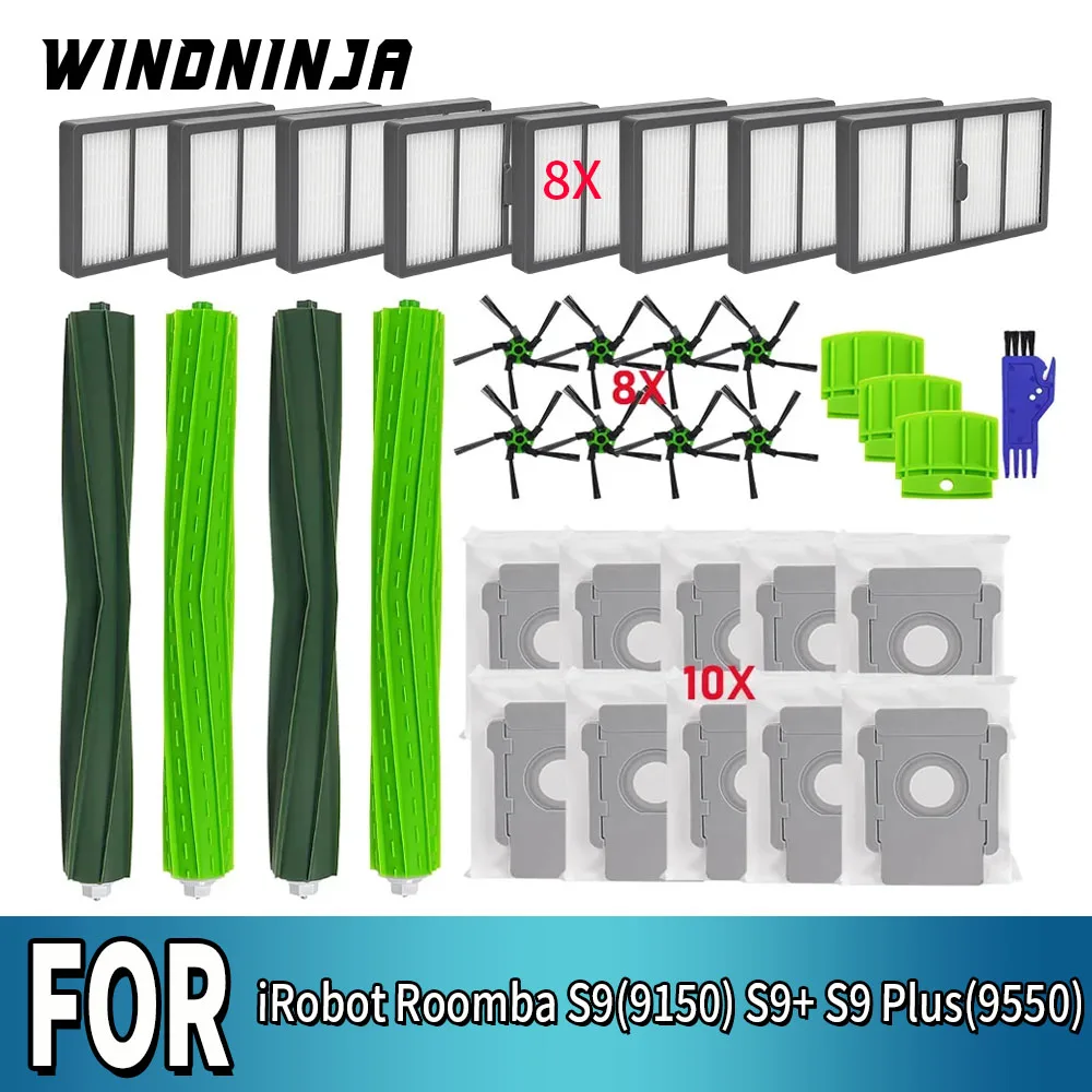 Für iRobot Roomba S9 (9150) S9+ S9 Plus (9550) Hocheffiziente Gummiwalzenbürsten HEPA-Filter Staubsaugerbeutel Haupt- und Seitenbürste Image