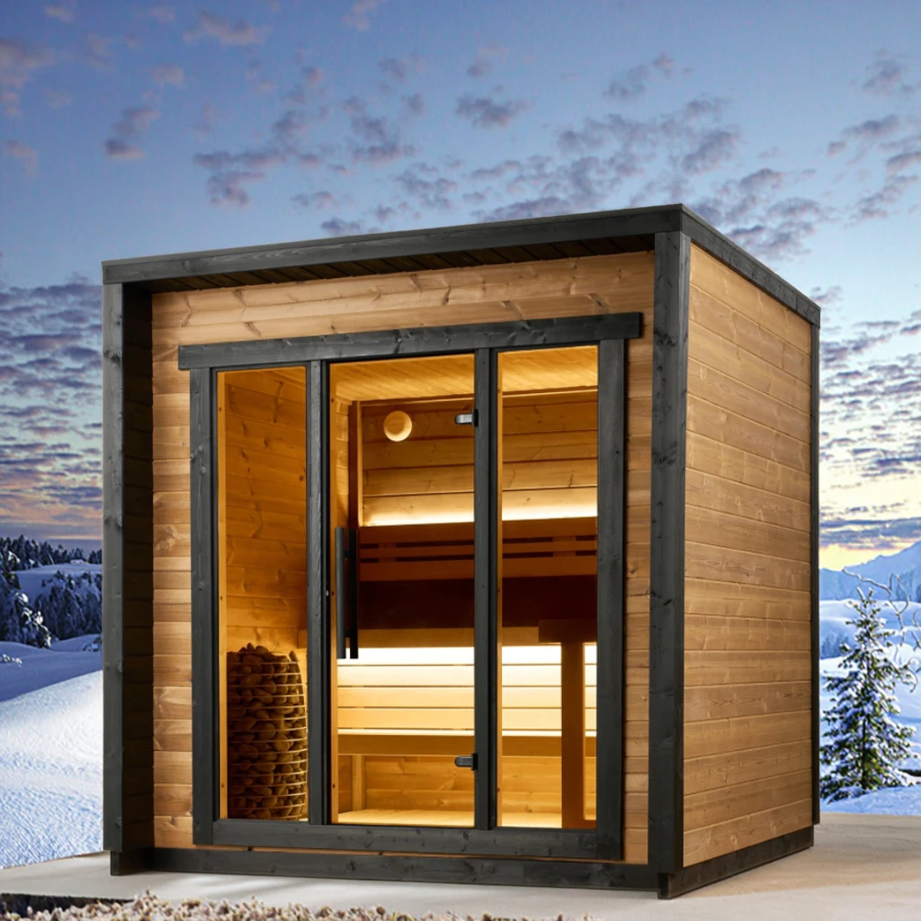 Maßgeschneiderte moderne 6-Personen-Saunaraum für den Außenbereich im kubischen Design mit kanadischem Hemlock für den Außenbereich Image