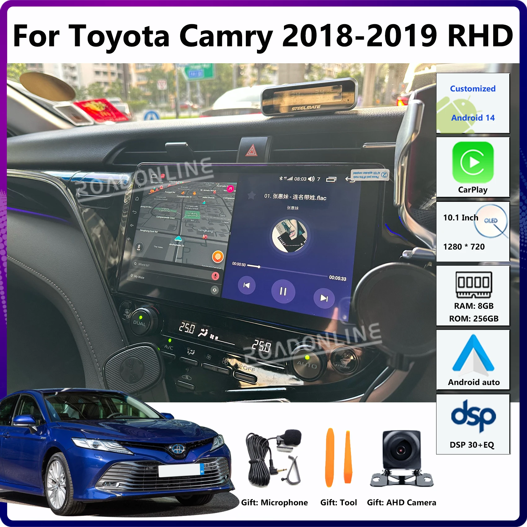10,1-Zoll-Android-14-Multimedia-Player für Toyota Camry 2018-2019 (Rechtslenker) mit GPS, Head Unit, Stereo-Radioempfänger und CarPlay Image