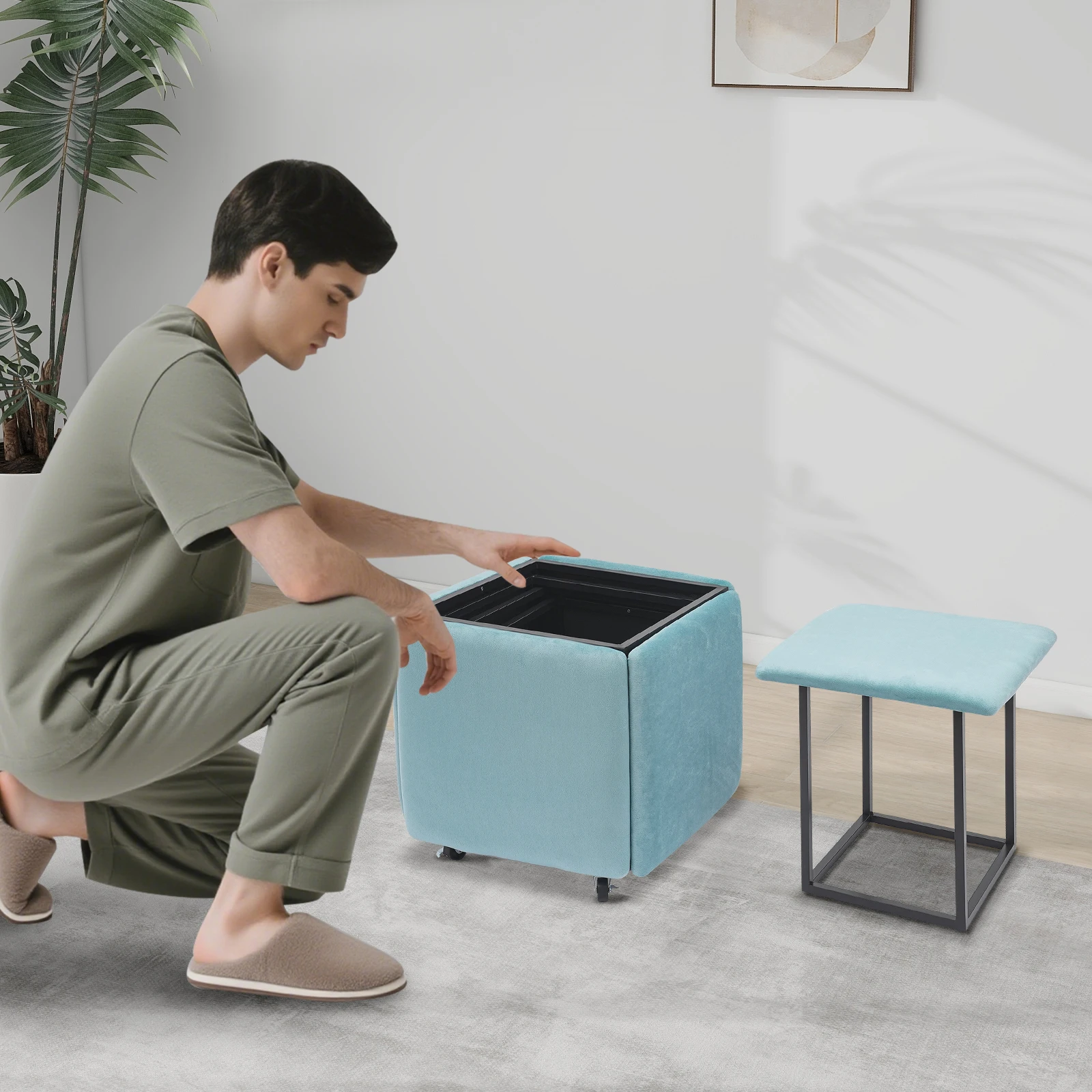 Multifunktionaler Sofahocker aus Samt, 5-in-1-Sofahocker, 46 x 46 x 48 cm, blau/grün, stapelbarer Kombinationshocker aus hochelastischem Schwamm Image