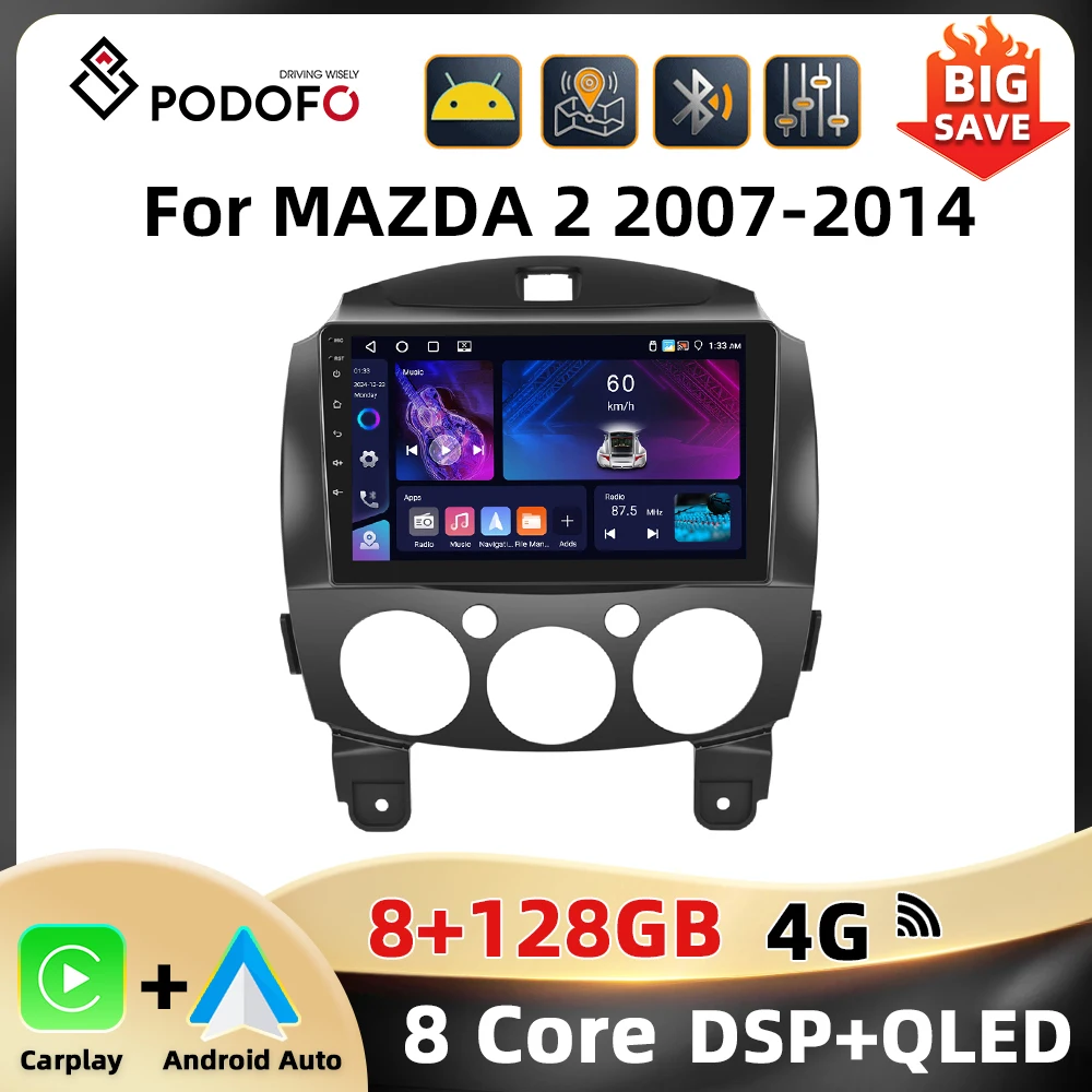 Podofo 9'' BT RDS Car Radio For MAZDA 2 2007-2014 Multimedia Player Navigation Carplay Android Auto WIFI 4G AI Voice Autoradio Image