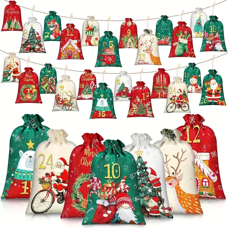 24 Stück Weihnachts-Adventskalender, Zahlenbeutel, Weihnachtsgeschenk, Sackleinen, Kordelzugbeutel, DIY Countdown-Adventskalender-Set mit Seil Image