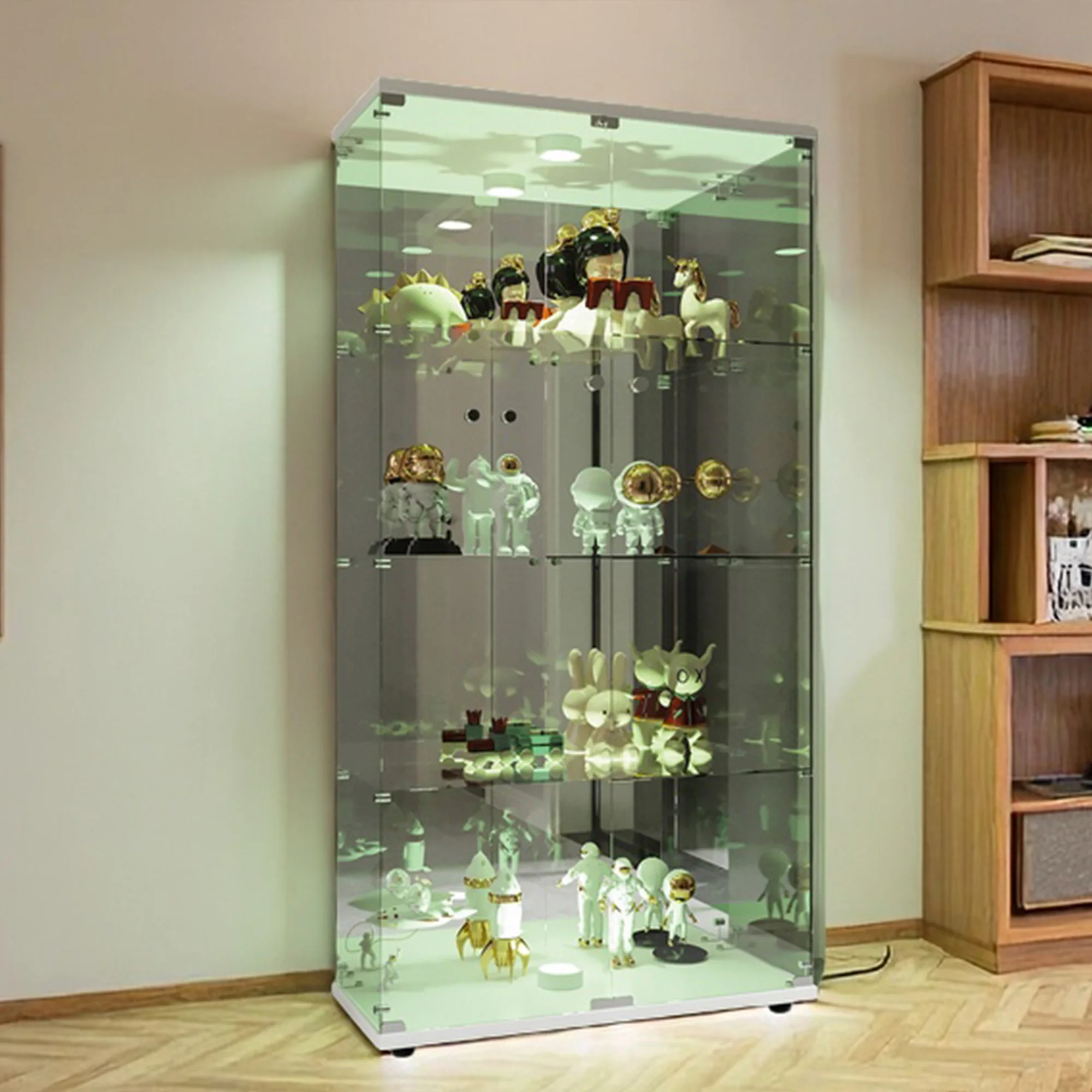 Comanlai 4-stöckige Glasvitrine mit LED-Beleuchtung, 2-türiger Vitrinenschrank Bücherregal für Bücher, Eingangsbereich, Wohnzimmer, Schlafzimmer, Weiß