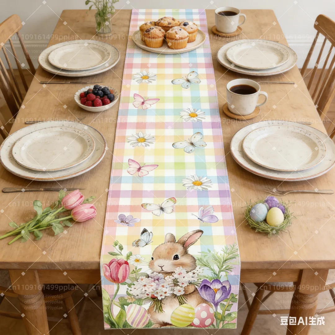 Osterhase Blumen-Tischläufer Regenbogen Gingham-Karomuster mit Schmetterlings- & Gänseblümchen-Design Saisonale Frühlings-Tischdekoration Image