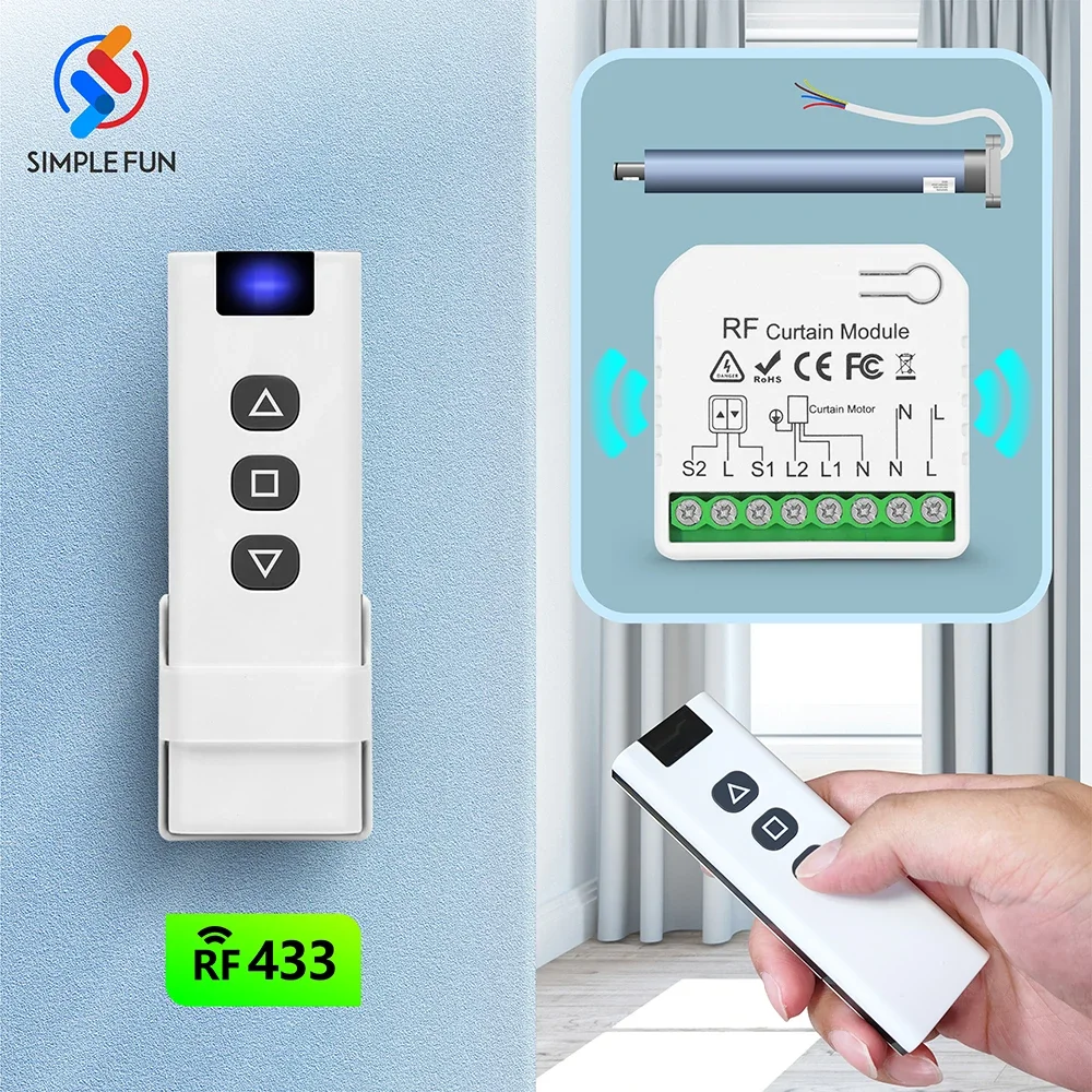 433 MHz kabelloser Vorhangschalter, 110 V, 220 V, 16 A, RF-Empfänger, 60 m Fernbedienung, für Fernbedienung, Rollladen, Fensterjalousien, Garagentor Image