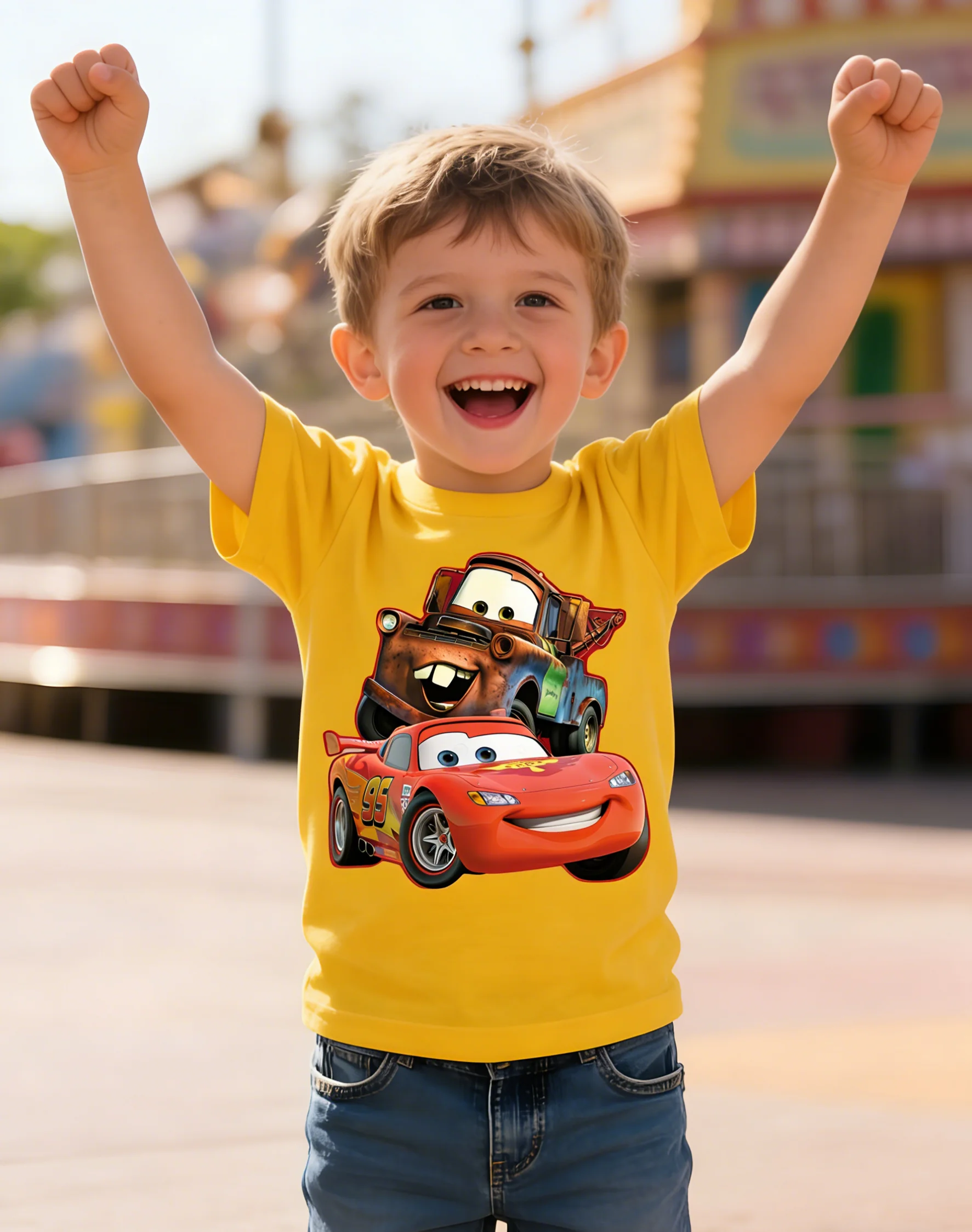 Hübscher Lightning McQueen-Musterdruck, modisches, lässiges, kurzärmliges T-Shirt mit Rundhalsausschnitt für den Sommer, Kinderbekleidung Image