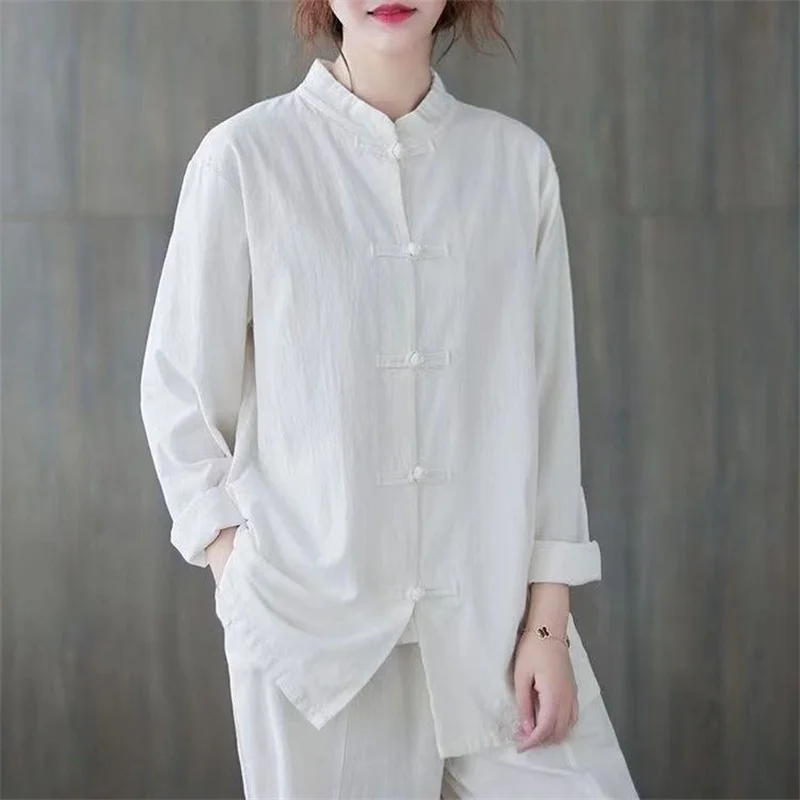 Frauen Vintage Baumwolle Leinen Casual Shirts Chinesischen Stil Vintage Einfarbig Lose Weibliche Langarm Tops WY1013