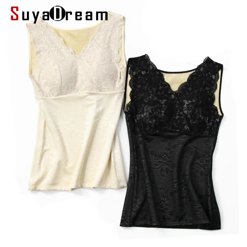 SuyaDream 100% ECHT SEIDE Futter Frauen Spitze Bustiers Abnehmen Padded Bra Korsetts Komfortable Warme Fleece Tanks Nude Schwarz Image