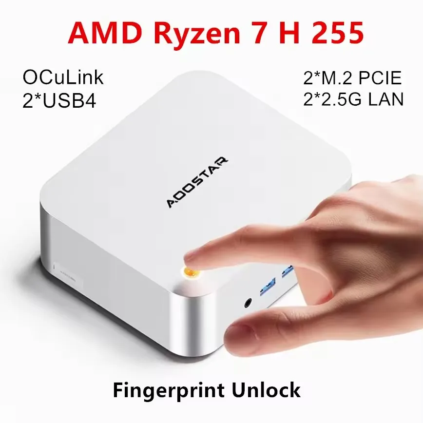 Aoostar MACO Mini-PC-Gamer AMD Ryzen 7H 255 Fingerabdruck OCuLink 2*USB4 2*NVMe 2*2,5G LAN Windows 11 WiFi6 Desktop-NUC-Computer
