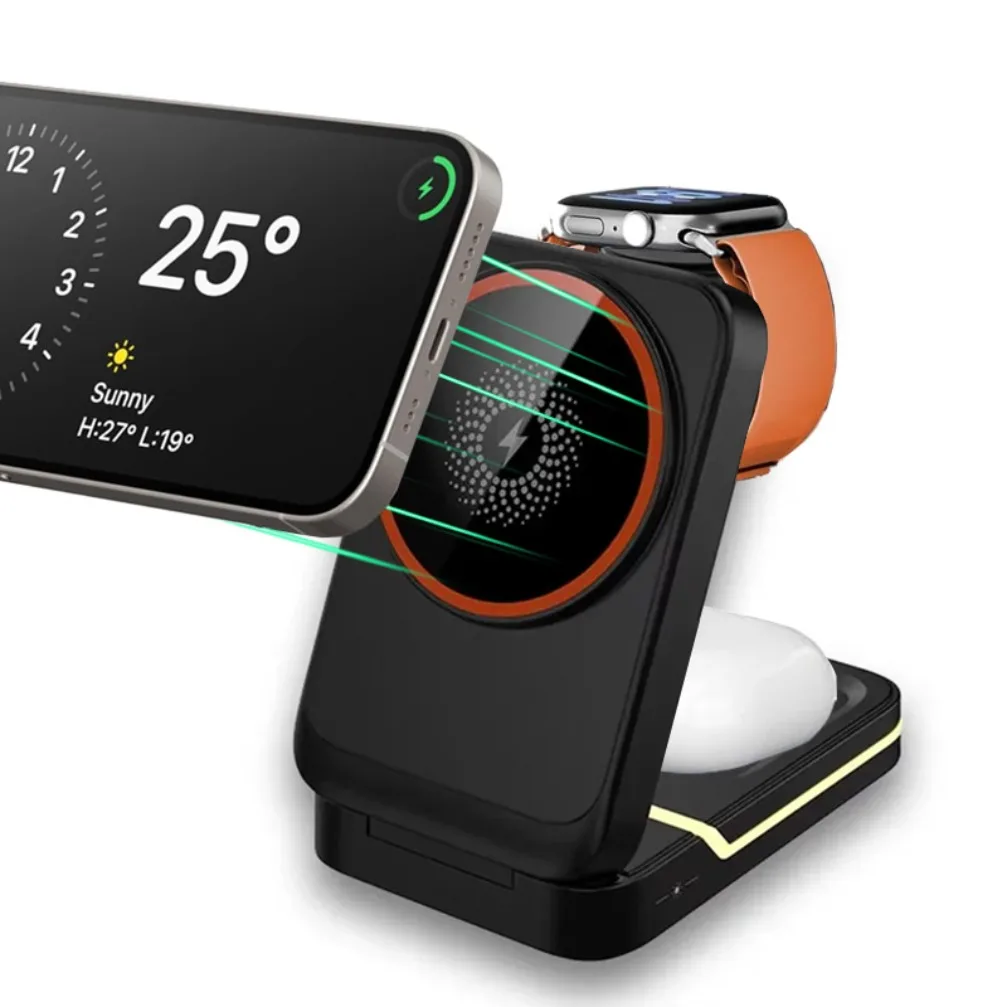 3-in-1 Magnetisches Kabelloses Ladegerät für MagSafe iPhone 17/16/15/14/13/12, Apple Watch 11, AirPods 4/3 Pro Schnellladestation Image
