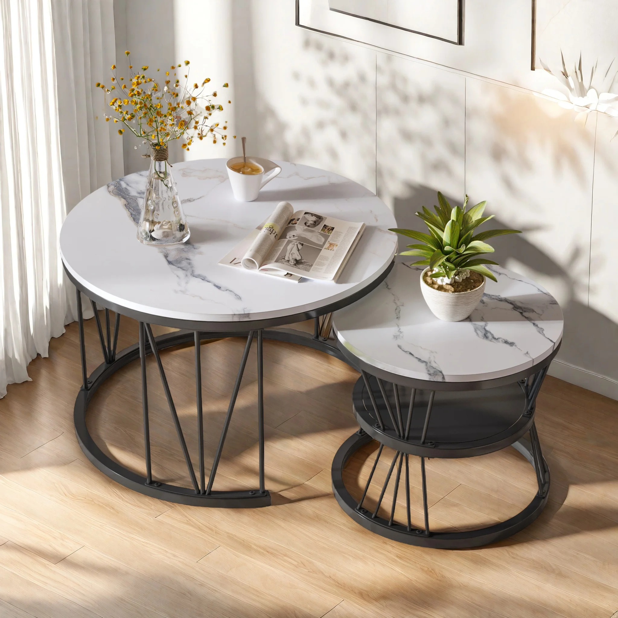 Superaly Marmor-Effekt Couchtisch-Set, 2-teilig, Runder Sofatisch mit Metallrahmen, Esstisch, Beistelltisch für Wohnzimmer Image
