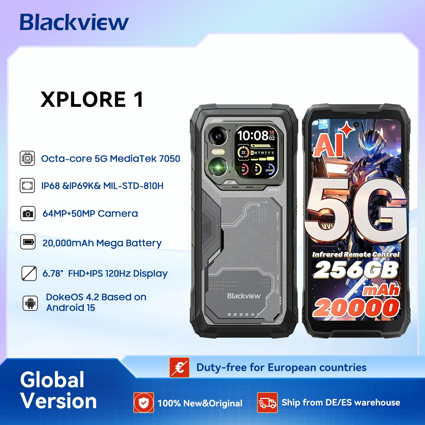 Blackview XPLORE 1 Robustes Smartphone, 5G wasserdichtes Outdoor-Smartphone Android 15, 6,78'' 2,4K-Display, 256 GB/512 GB, 20000 mAh Image