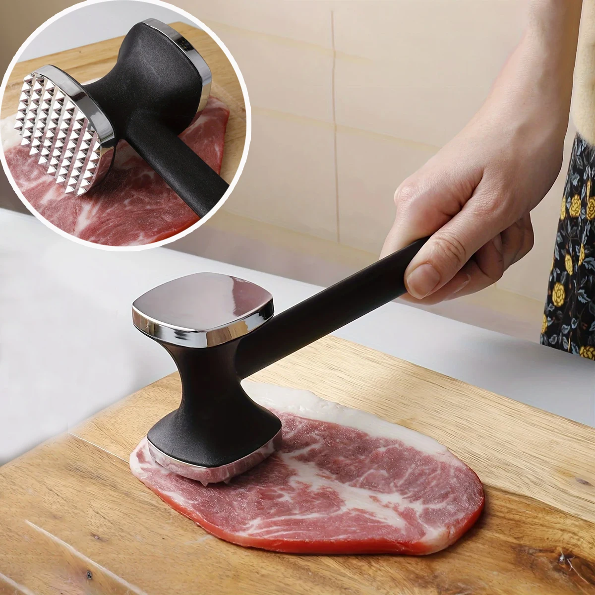 2 Stück Edelstahl-Fleischklopfer mit Rutschfestem Gummigriff - Müheloses Klopfen und Zartmachen für die Küche Image