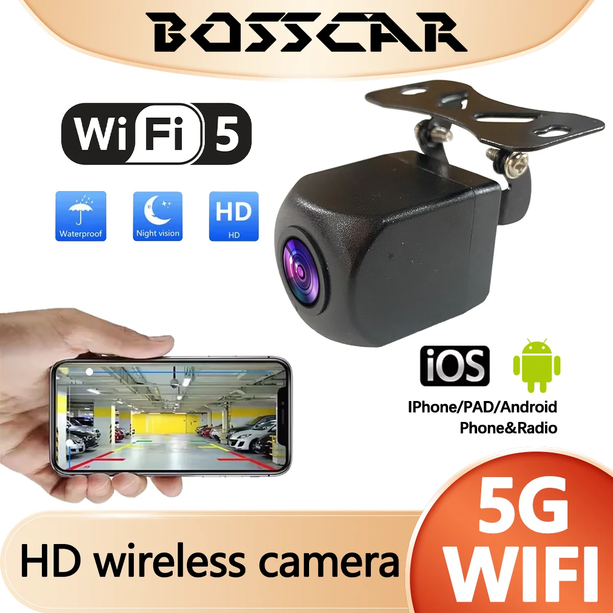 BOSSCAR Universal Wireless Nachtsicht Rückansicht Kamera HD Auto Wasserdichte Wifi Rückfahr Kamera 5V USB 12V Unterstützung android IOS Image