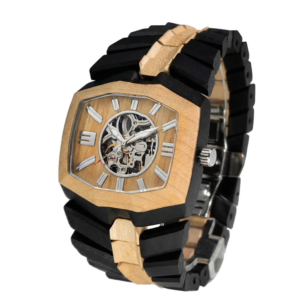 Mechanische Herrenuhr aus Holz, klassische Uhr mit automatischem Mechanismus im europäischen Stil Image