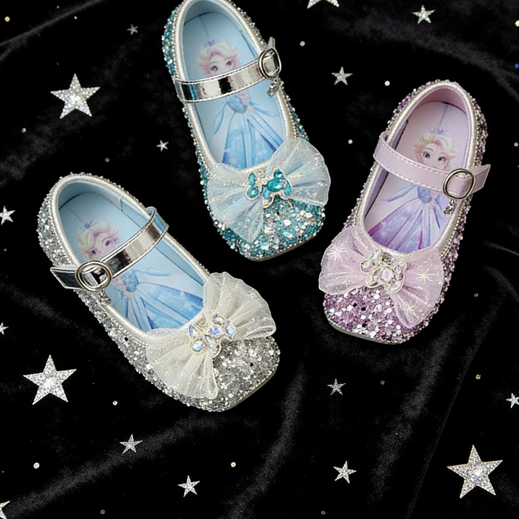 Freizeitschuhe für Kinder, Kristall-Pailletten-Schleife, Elsa-Schuhe aus PU-Leder, Frühlingsschuhe für Mädchen, mit Klettverschluss, silberblaue Schuhe, Größe 23–34