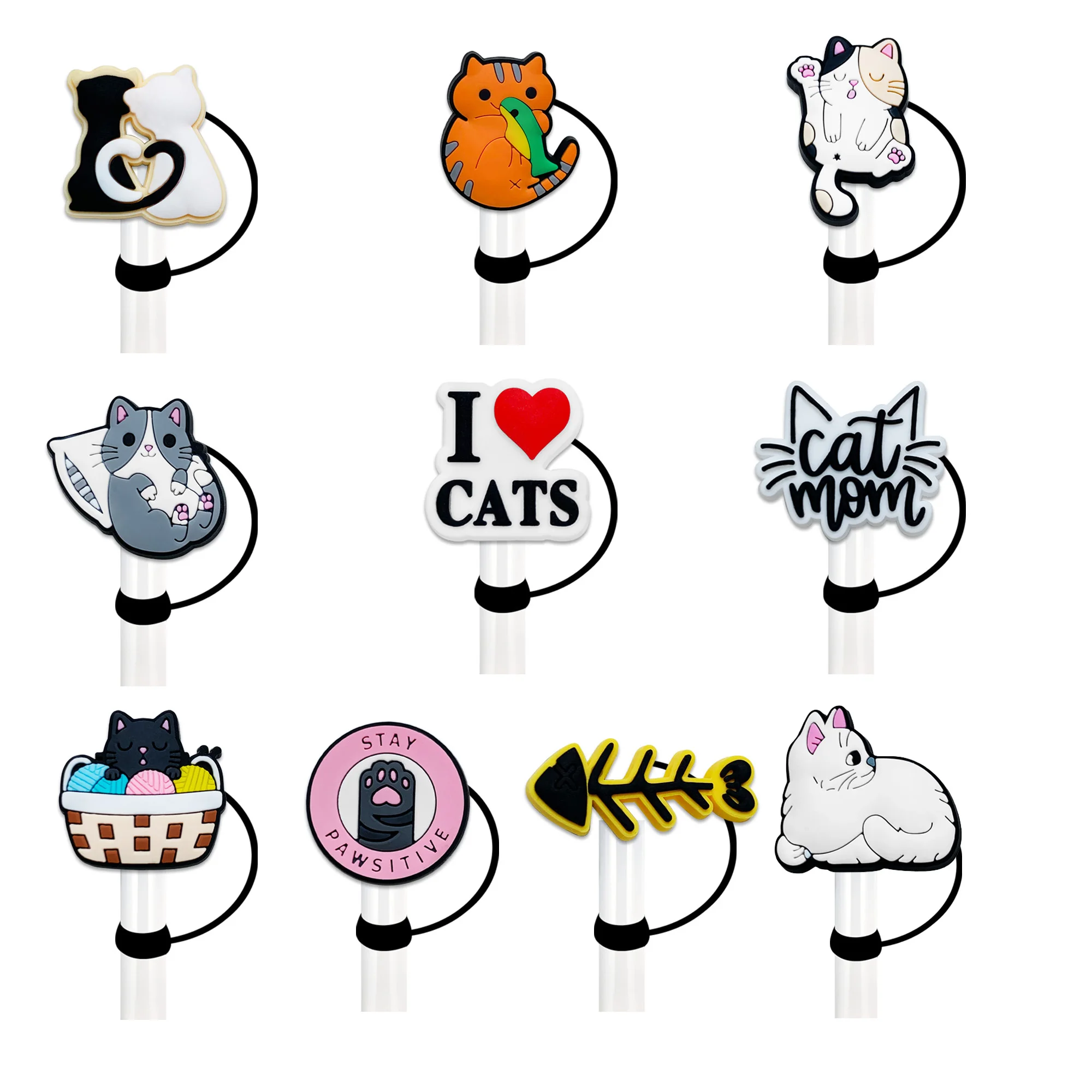 10PCS Schöne Haustier Katze Tiere Cartoon Silikon Stroh Abdeckungen Flasche Staub Kappe Stroh Tipps Abdeckung Tasse Schutz Deckel Zubehör 10mm Image