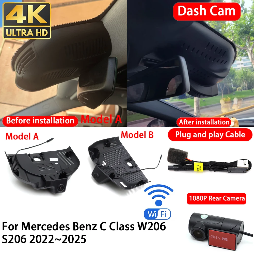 Für Mercedes Benz C-Klasse W206 S206 2022~2025 4K 2160P Dashcam Vorne Hinten Autokamera DVR WLAN Plug & Play Videorekorder Image