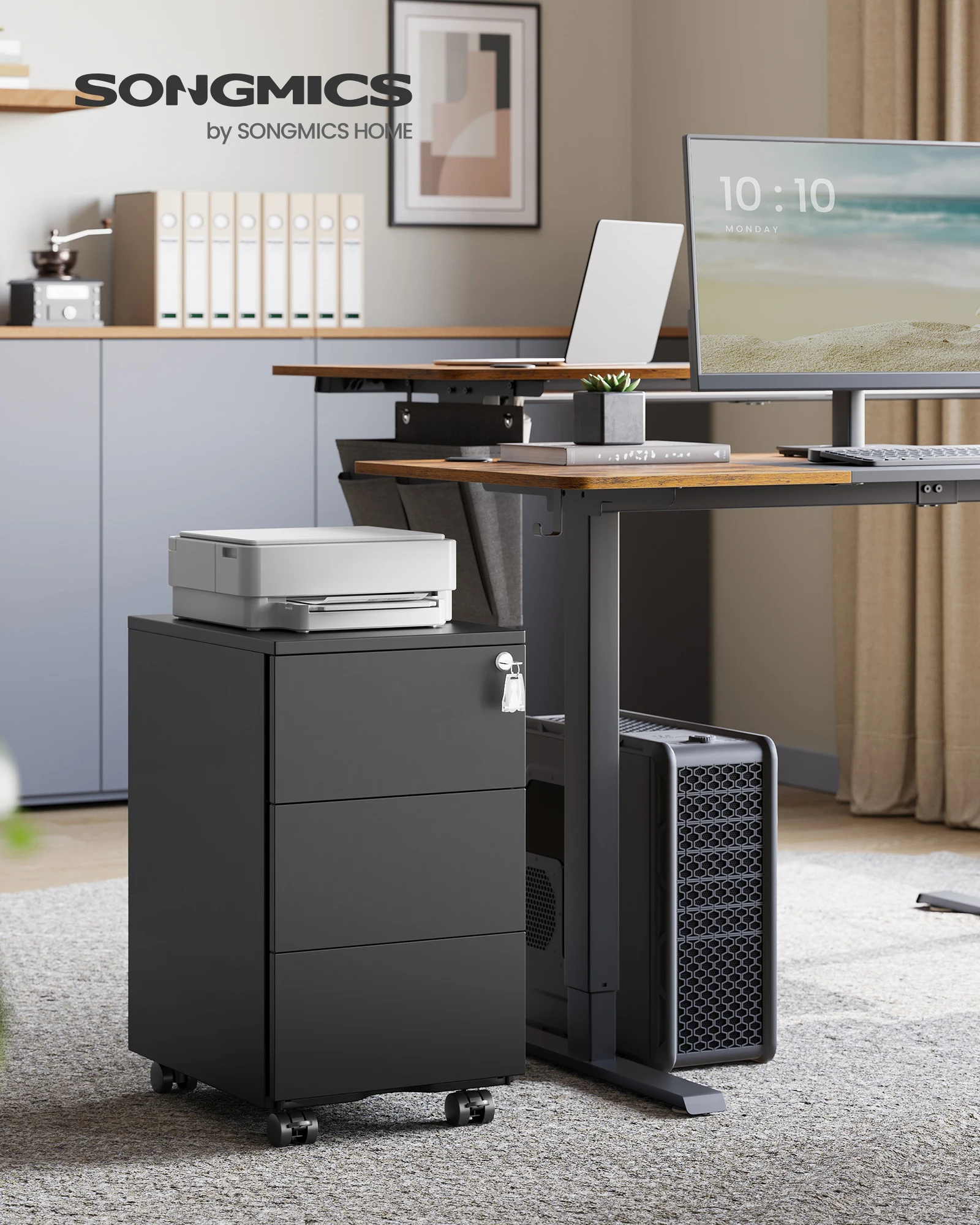 SONGMICS Schubladenschrank, Rollcontainer, mobiler Aktenschrank, Metallschrank, Druckertisch, abschließbar, 3 Schubladen