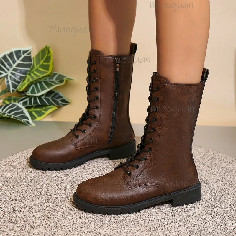 Pu-Leder-Schnürstiefel, modisch, braun, mittelhohe Stiefel für Damen, Frühling und Herbst, rutschfester seitlicher Reißverschluss, kurze Westernstiefel, Damenschuhe