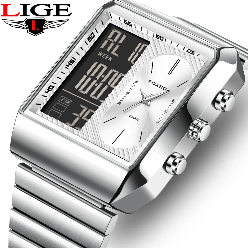 FOXBOX Elektronische Herrenuhr Mode Business Einfache Edelstahl-Armbanduhren für Männer Casual Sport Alarm Dual Digital Display Uhr Image