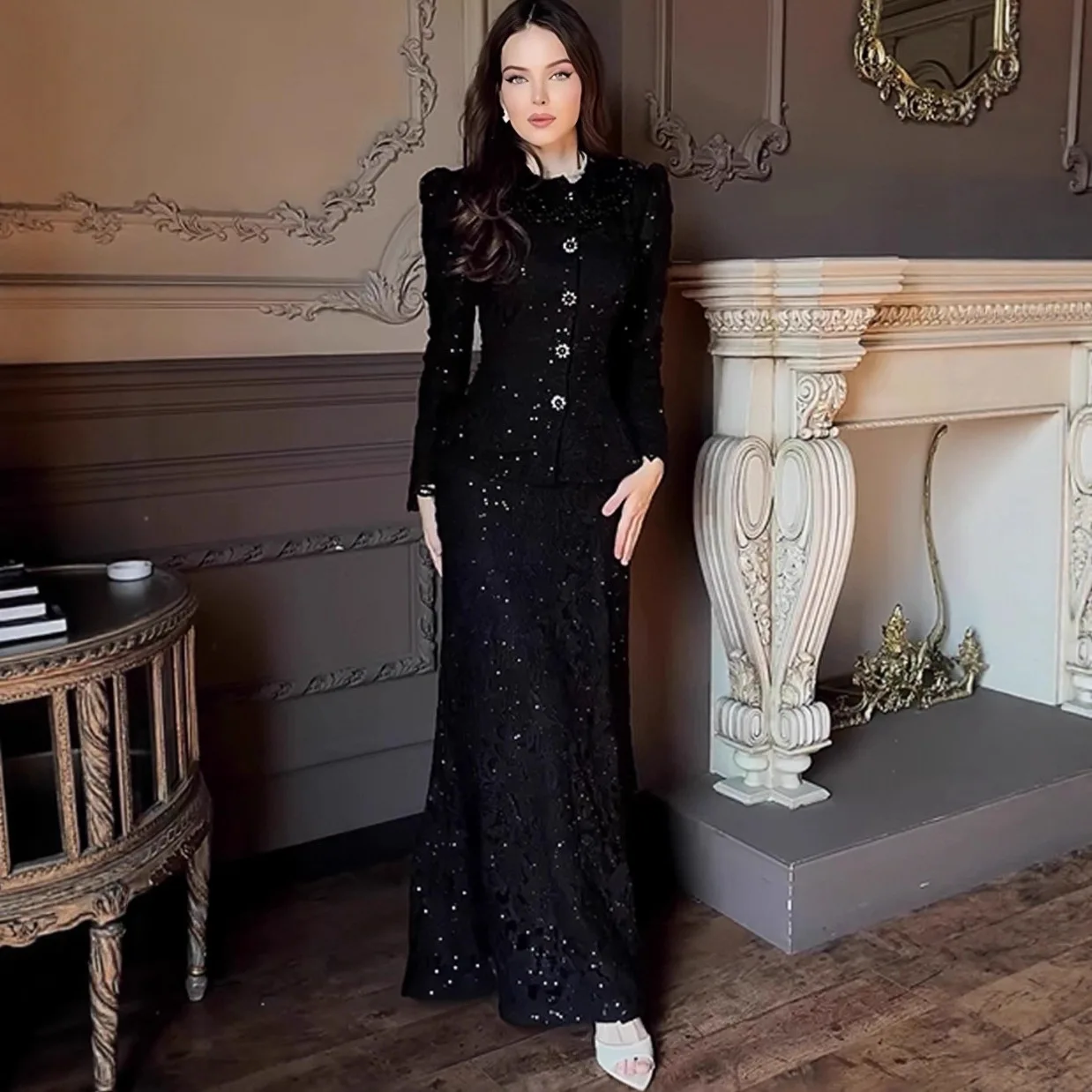 Eid Damen 2-teiliges Set Knopfhemd Langer Rock Ramadan Abaya Party Muslim 2026 Jalabiya Marokko Kaftan Dubai Arabische Bürodamen-Mode Image