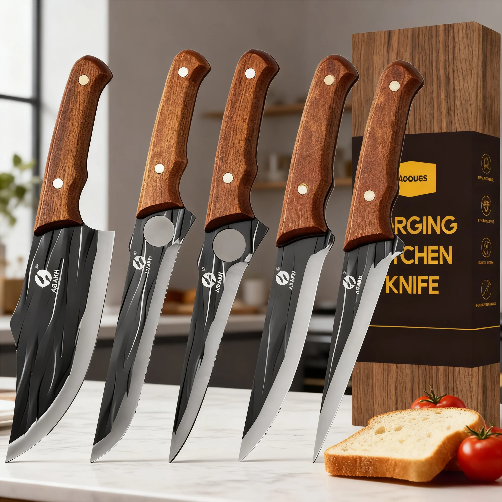 Handgeschmiedetes Messerset, geeignet zum Schneiden von Fleisch, Obst und Gemüse sowie zum Zerlegen, anwendbar auf verschiedene Szenarien, Image