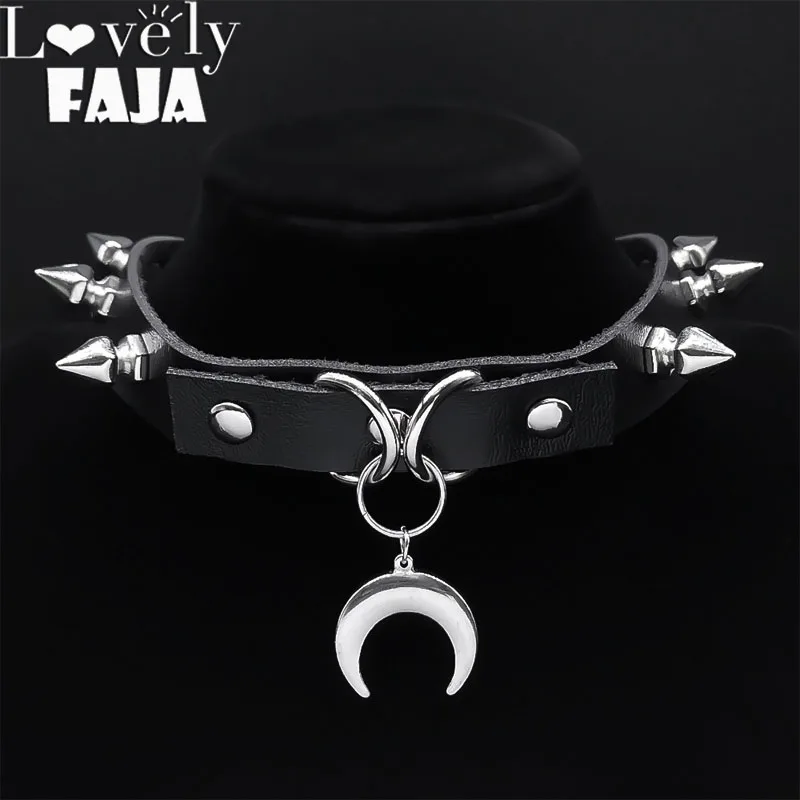 Punk Crescent Moon Harajuku Halsband Goth Nieten Halskette Edelstahl Anhänger Pu Leder Kette Gothic Schwarz Halskette Schmuck Image