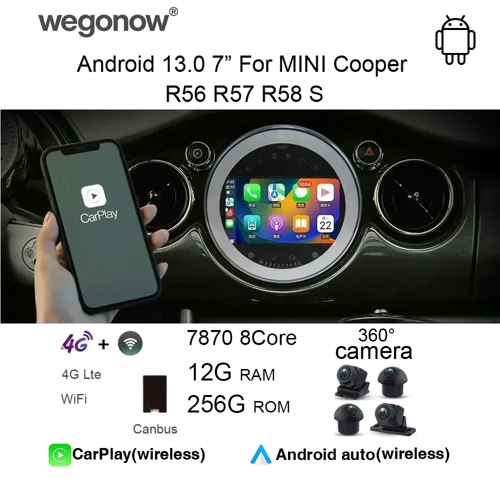 Wegonow für MINI Cooper R56 R57 R58 7 Zoll IDS 720P kabelloses Carplay Radio Android 13 Wifi Qualcomm 12+256GB GPS-Navigation Image